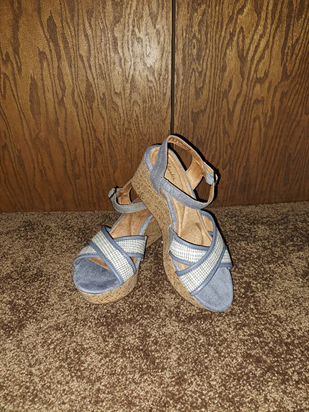 Clarks Women's Elleri Plum Cork Wedge Sandals, Denim Blue Leather - Picture 2 of 11